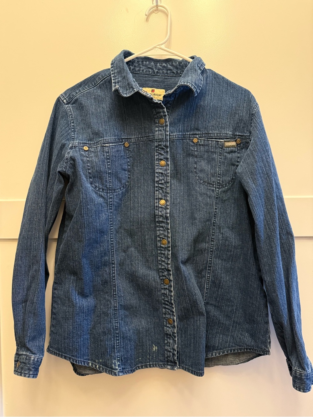 Woolrich Women’s L Dark Denim Snap Front Shirt Stretch Outdoor Western